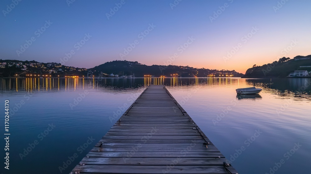 Obraz premium Serene Sunset Over Calm Water with Pier and Small Boat