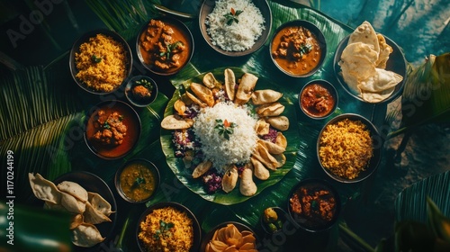 Fototapeta Naklejka Na Ścianę i Meble -  A Lavish Sri Lankan Feast: An Aerial View of Aromatic Curries, Rice, and Breads