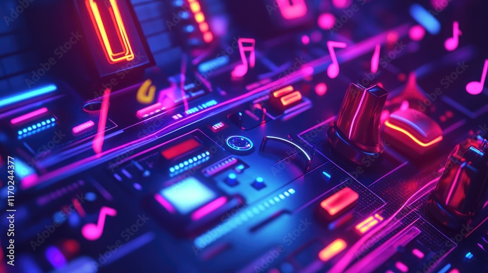 Fototapeta premium Close-up of vintage audio equipment with glowing neon accents, surrounded by floating music notes. Perfect for retro-futuristic designs, 80s/90s aesthetics, and music tech concepts.
