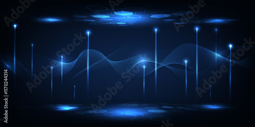 Vector illustration of futuristic digital technology background with glowing dots floating on digital landscape and wave wireframe above for game graphic and advertising artwork.