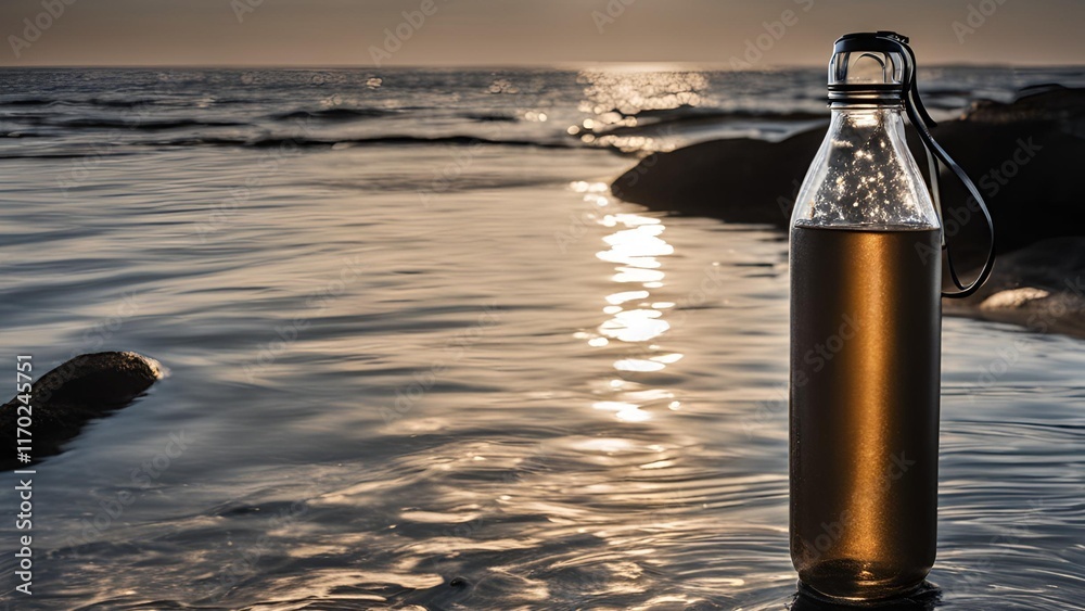 bottle of water on the beach with sunset view background bottle of water on the beach with sunset view background