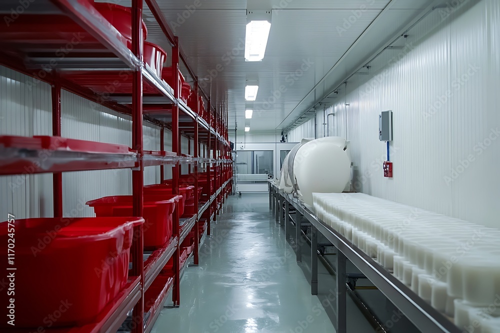 Obraz premium White plastic products on a production line in a factory, with red containers stacked on shelves