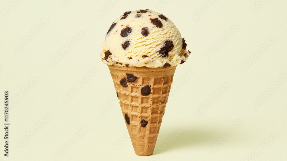 Classic Ice Cream Cone with Chocolate Chip Swirls on Light Background