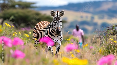 Grevy's zebra in vibrant wildflowers, man blurred in background. photo