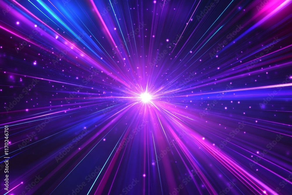 Bright purple and blue light rays burst from center. Bright purple and blue light rays burst from center.