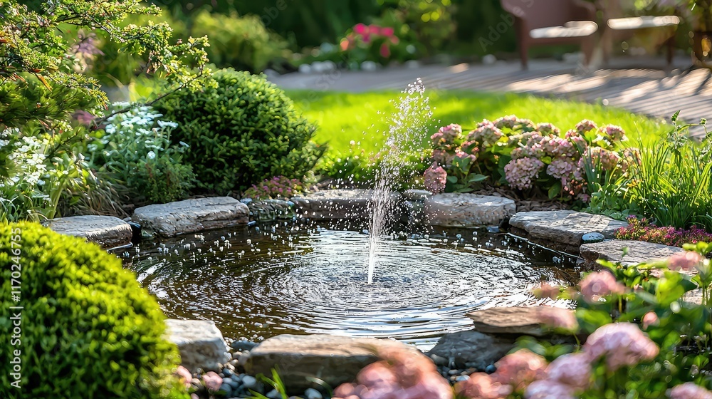Fototapeta premium Serene Garden Pond with Fountain Surrounded by Lush Greenery