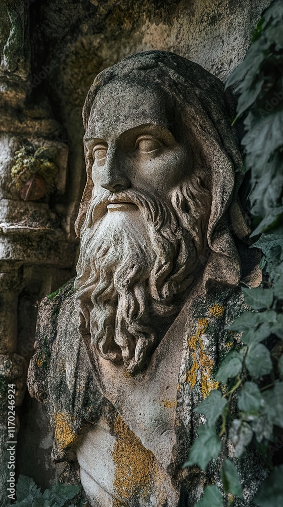 Obraz premium Ancient Stone Sculpture: Weathered Portrait of a Bearded Man