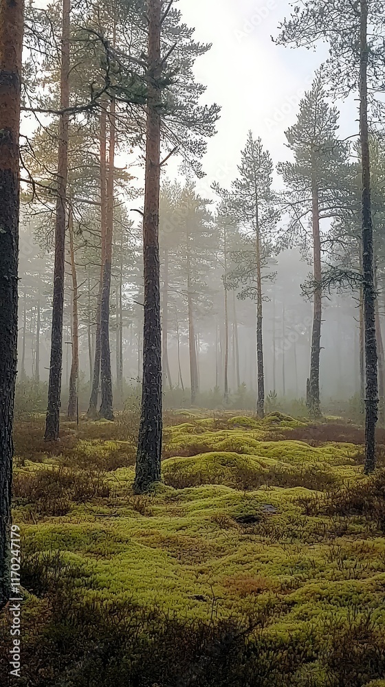 Mystical Forest with Fog and Moss Covering Ground in Morning Light Mystical Forest with Fog and Moss Covering Ground in Morning Light