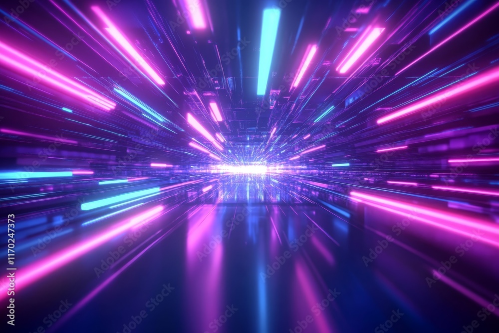 Abstract neon light streaks converging in a futuristic tunnel. Abstract neon light streaks converging in a futuristic tunnel.