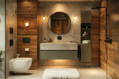 Modern bathroom with wood and stone accents.  Elegant design features a floating vanity, round mirror, and a sleek shower.