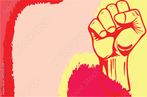 Raised human fist, Uprising and Power symbol. Determination, Protest and commitment icon. Clenched fist raised up gesture for revolution, movement, rebellion and victory. Copy space poster, EPS 10.