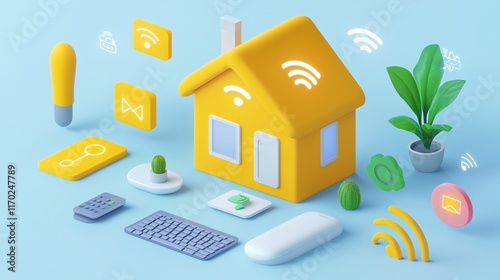 Digital smart home control concept. A colorful illustration of a smart home concept with a yellow house, wireless signals, plants, and modern devices on a blue background.