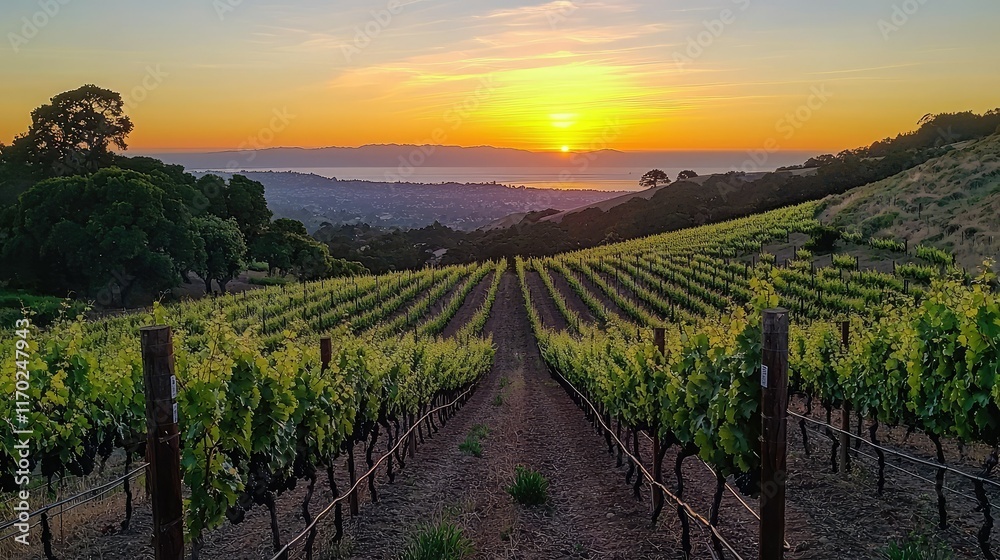 Fototapeta premium Scenic Vineyard Landscape at Sunset with Vibrant Colors and Hills