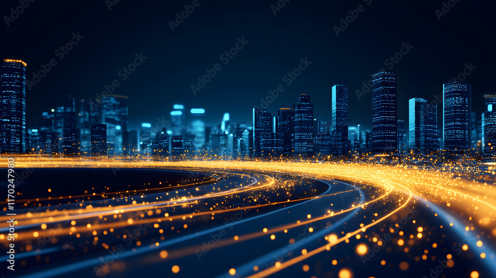 Fototapeta premium Vibrant city skyline at night with flowing lights and a futuristic ambiance
