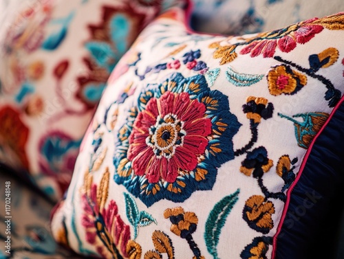 A vividly colored and patterned throw pillow, embellished with tassels on the edge. Perfect for accenting a couch or decorating a living space. photo