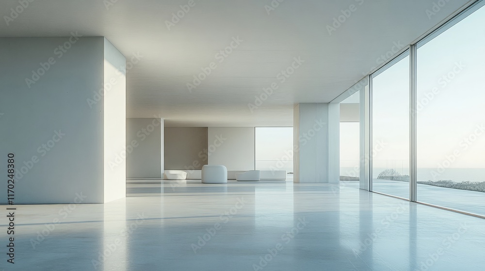 Minimalist office interior with white walls, large windows, and a clean aesthetic Minimalist office interior with white walls, large windows, and a clean aesthetic
