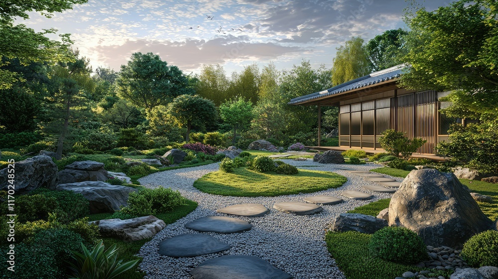 Obraz premium Serene Japanese Garden with Stone Path and Lush Greenery