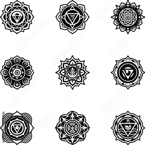 Set of Glyph Style Religious Chakra Symbols Icons 

