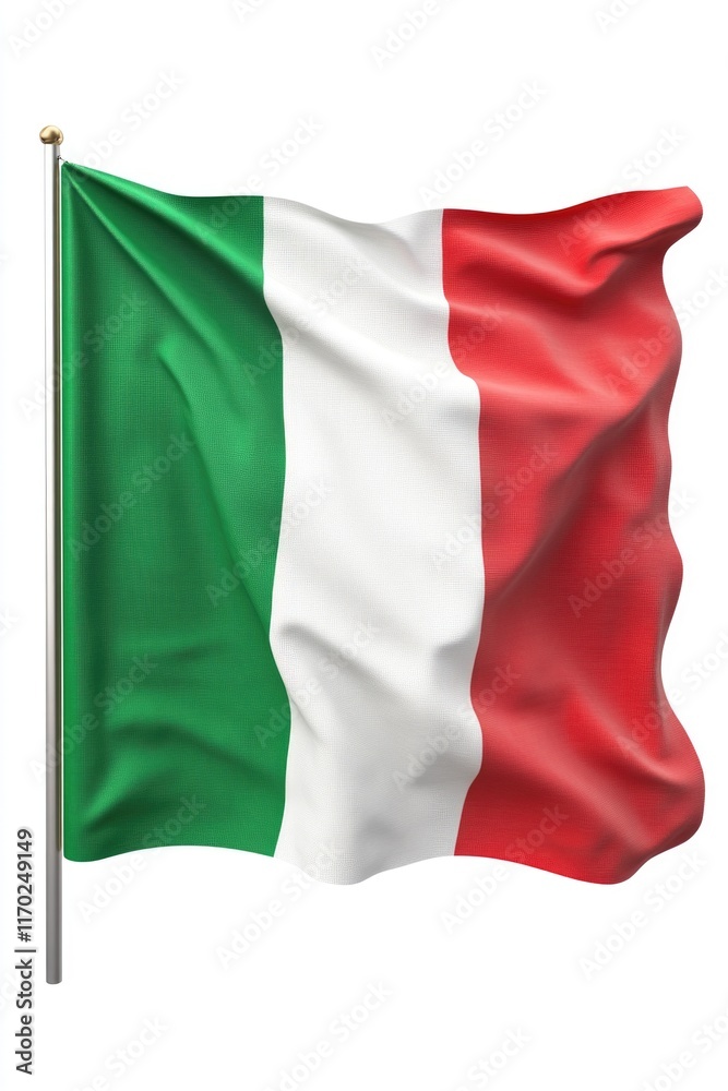 A waving red, white and green flag of Italy on a pole against a neutral background. A waving red, white and green flag of Italy on a pole against a neutral background.