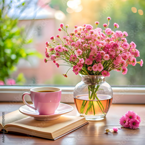 Wallpaper Mural close up of a small pink flower bouquet  in glass vase near  a pink cup of tea Torontodigital.ca