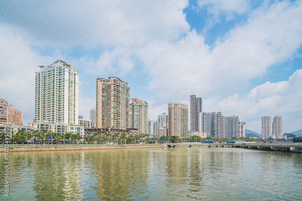 Fototapeta premium Modern urban architecture skyline and coastal scenery in Zhuhai, Guangdong Province, China on April 9, 2023
