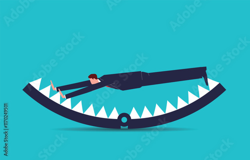 Risks and crises, business traps or scams, fraud and greed, businessmen stuck in rat traps