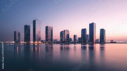 Serene Urban Skyline at Dusk Reflecting in Calm Water Surface