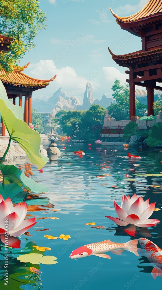 Obraz premium Serene Garden Scene with Koi Fish and Lotus Flowers by Water