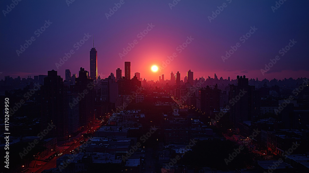 Obraz premium Vibrant sunset over a silhouetted cityscape.