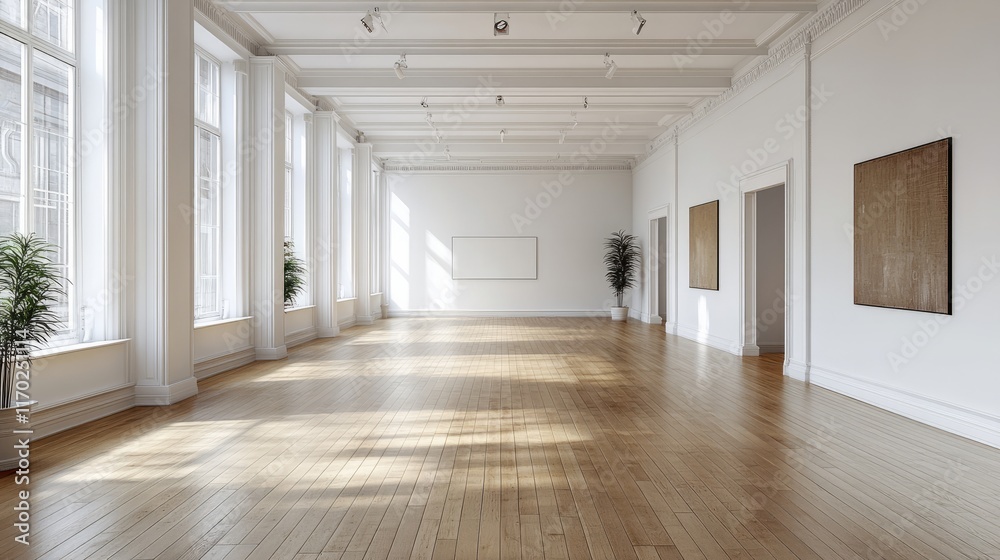 Fototapeta premium Spacious and empty office with white walls, wooden floors, and minimalist decor 