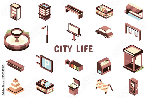 City Life Flat Vector Illustration Icon Sticker Set Design Materials