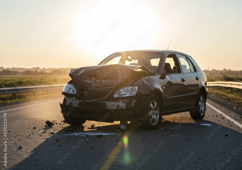 Fototapeta premium A powerful image of a car crash with a damaged vehicle in the foreground, illuminated by strong backlight and intense sunlight