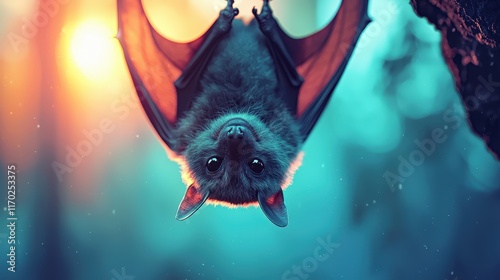 A bat hanging upside down with her pup in a cave.