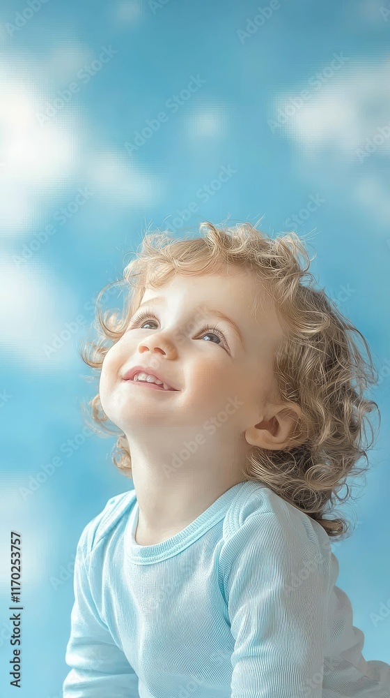 Joyful Child Looking Up with a Dreamy Expression Against Blue Sky
