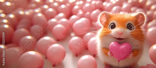 white hamster with a pink heart rests beside a nest of colorful Easter eggs, hamster Holding a Pink Balloon. Pink background Valentine's card photo