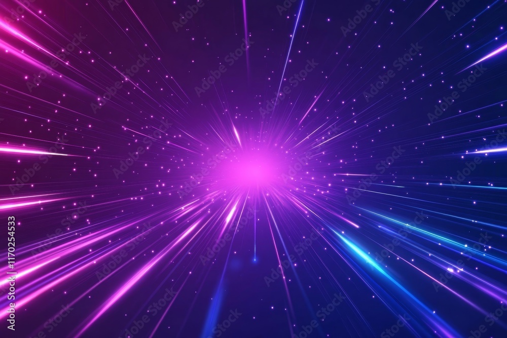 Fototapeta premium Abstract purple and blue light streaks converging towards a bright center, creating a dynamic speed and energy effect.