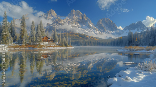 Scenic Mountain Cabin by a Crystal-Clear Snowy Lake.. photo