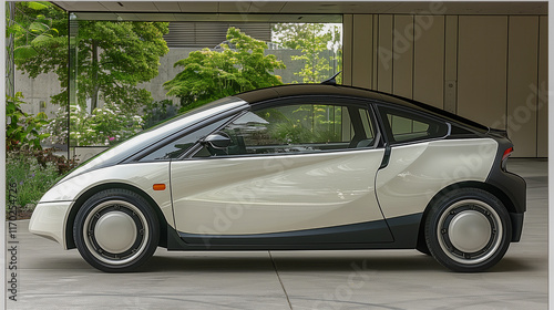 Futuristic Compact Electric Car with Sleek White and Black Design.. photo