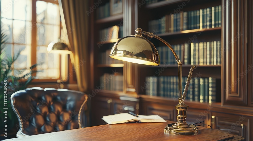 Obraz premium Elegant Reading Nook with Lamp and Books in Classic Library Setting