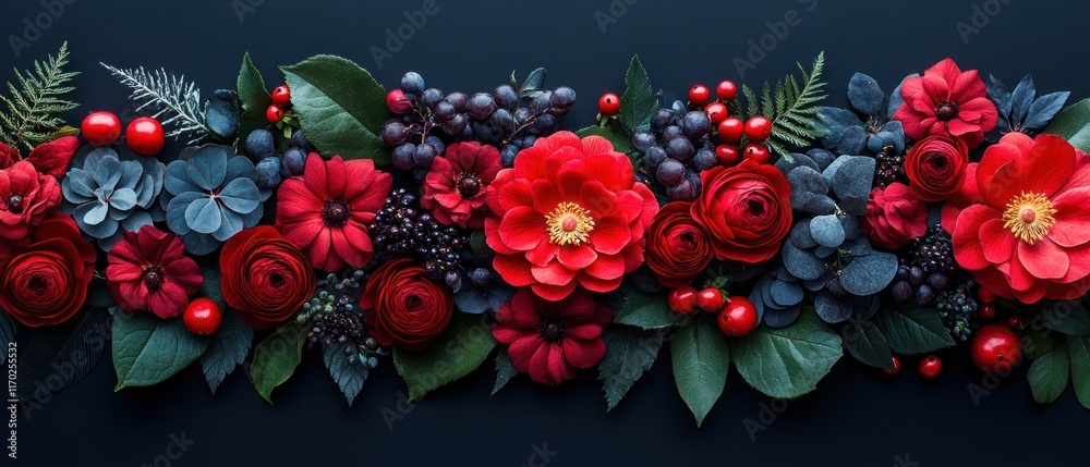 custom made wallpaper toronto digitalA vibrant floral arrangement featuring red and blue flowers, leaves, and berries on a dark background.