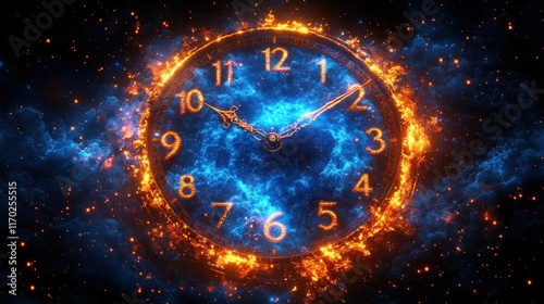 Wallpaper Mural Fiery clock engulfed in flames and blue energy, cosmic background. Torontodigital.ca