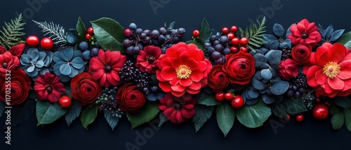 Wallpaper Mural A vibrant floral arrangement featuring red and blue flowers, leaves, and berries on a dark background. Torontodigital.ca