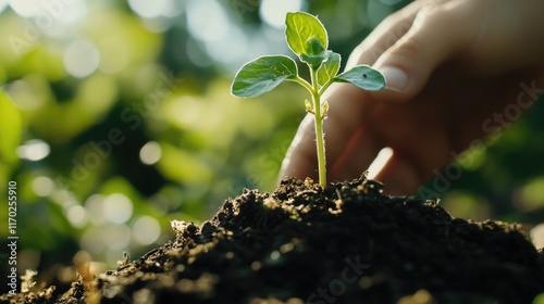 Hand planting a seedling into rich, dark soil. New life beginning in the garden.