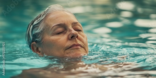 Woman is swimming in a pool. She is wearing no clothes. The water is calm and clear