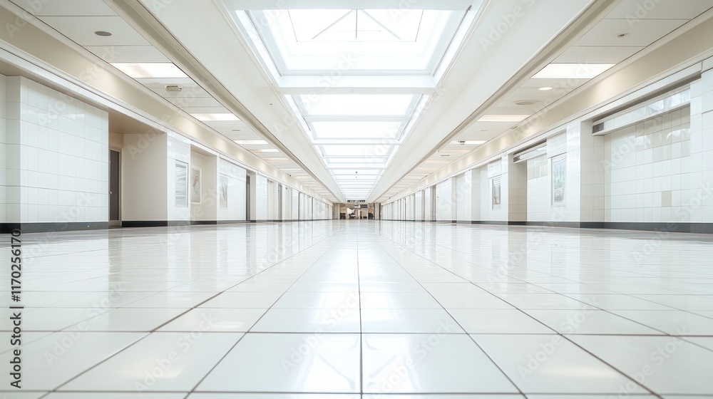 Fototapeta premium Long Corridor in Modern Building: Clean Lines and Bright Lighting