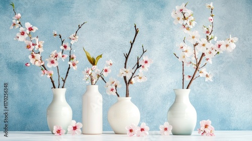 Small vases with cherry tree branches and pink flowers on a white table with a pastel blue background. Perfect for a springtime banner, festival backdrop, or floral-themed promotions.
