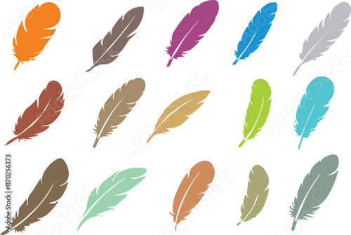 Decorative feather icons set. Colorful hand-drawn feathers. Easy to change color or size. Bird feather poster, banner designing for media and web. trust, Honor, strength, wisdom, power, and freedom.