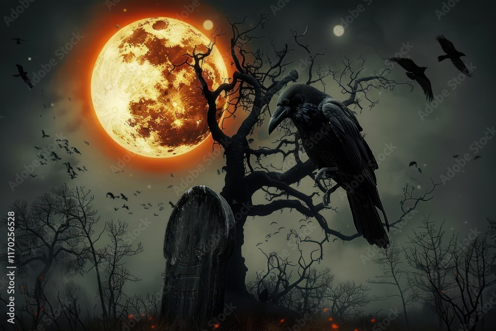 Nightmarish Cemetery: Eerie Full Moon and Raven-filled Horror in Digital Art Nightmarish Cemetery: Eerie Full Moon and Raven-filled Horror in Digital Art