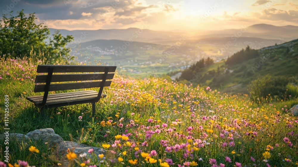 Fototapeta premium Tranquil Landscape with Bench Surrounded by Wildflowers at Sunset