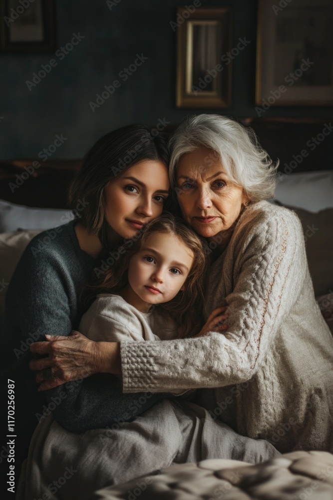 Three generations of a family share a warm embrace in their cozy bedroom. Three generations of a family share a warm embrace in their cozy bedroom.